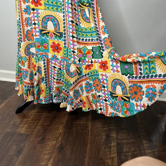Paper Heart Anthropologie Aztec Sunrise Maxi Long Hi Lo Dress Ruffle Sz M - Picture 5 of 15